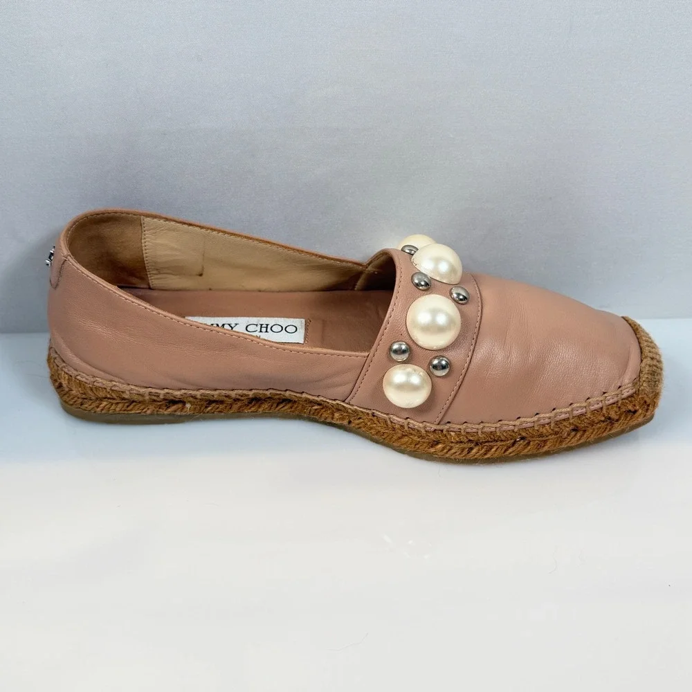 Jimmy Choo Blush Dru Leather Pearl Studded Espadrille Flats Pink Womens 36 6